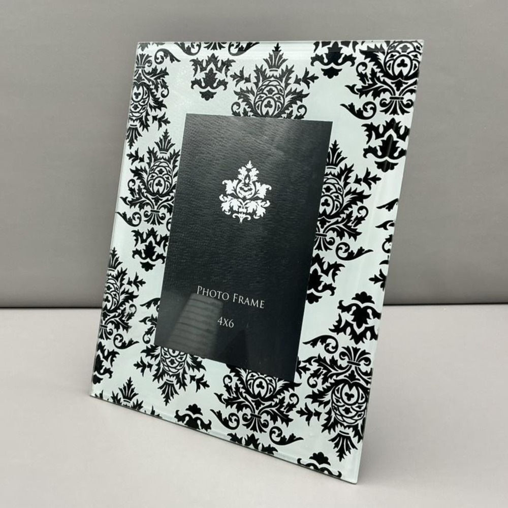Picture Frame Black White Damask Glass Ornate Floral 4x6 Photo Tabletop Decor